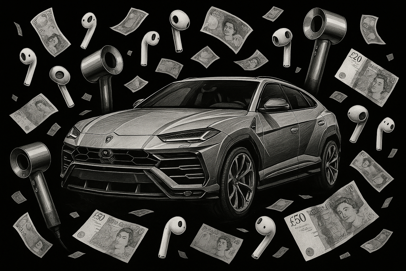 A  lambo urus drawing with a black backround and airpods and dyson supersonics around it with british money cash around